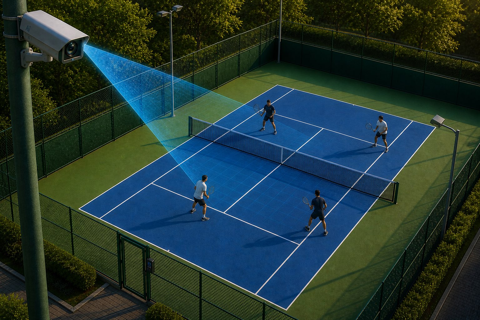Câmera com inteligência artificial monitorando uma quadra de tênis com quatro jogadores em partida